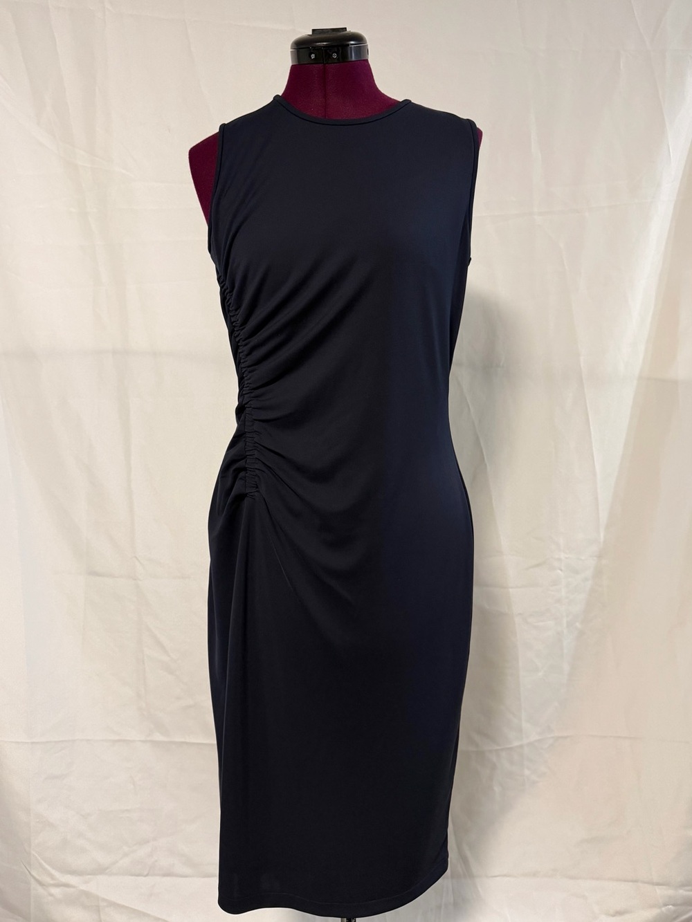 Ann Taylor Navy Side-Ruched Sleeveless Midi Dress